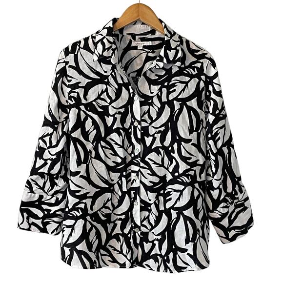 Chico's 100% Linen Black White Print Button Up Blouse Womens size 12 - Picture 1 of 5